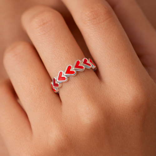 Ruby Heart Band Silver Ring