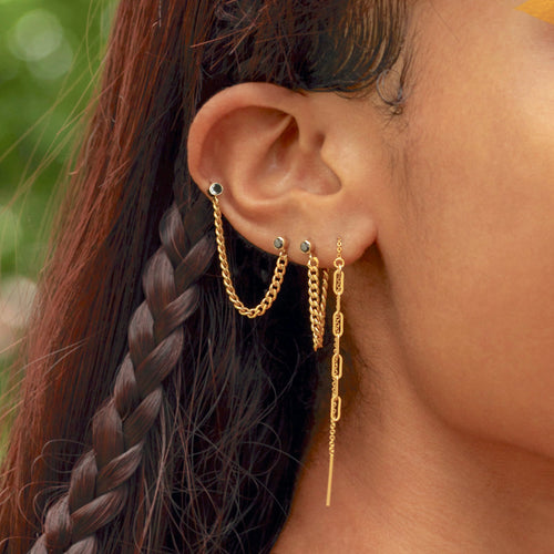 Curb Link Chain Black Bezel Earring