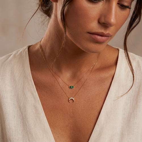14K Solid Gold Diamond Tiny Malachite Evil Eye Necklace