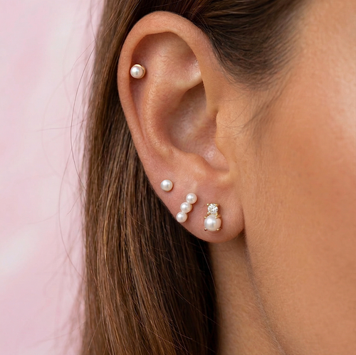14K Solid Gold Mini Genuine Pearl Bezel Flatback Earring
