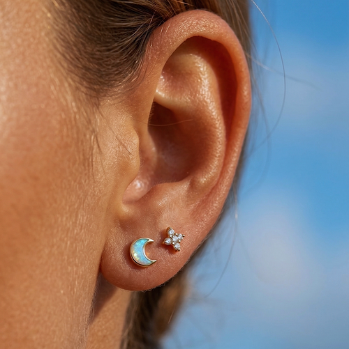 14K Solid Gold Opal Moon Threaded Labret Earring