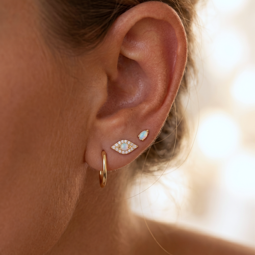 14K Solid Gold Evil Eye Diamond Opal Labret Earring