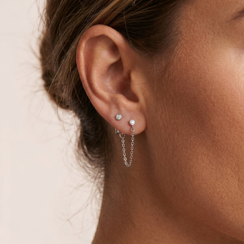 14K Solid Gold Diamond Chain Stud Earrings