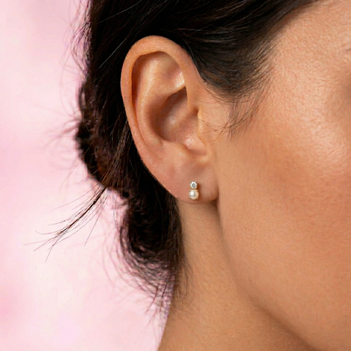 14K Solid Gold Pearl Cubic Flatback Earring