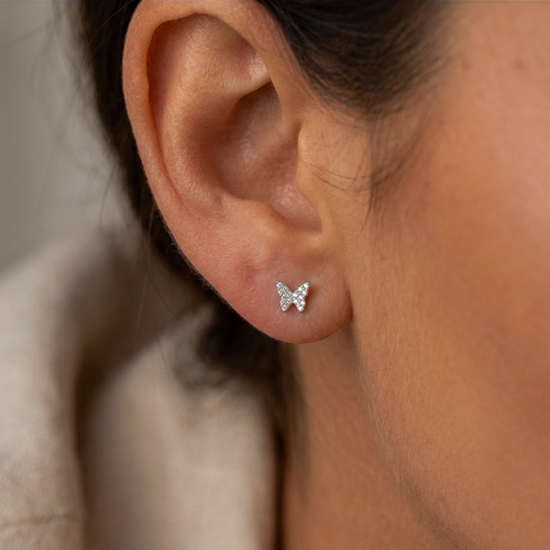 14K Solid Gold Mini Pavé Diamond Butterfly Flatback Earring
