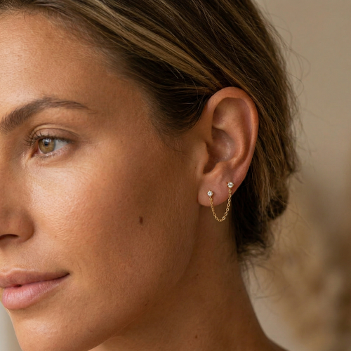 14K Solid Gold Double Baby Diamond Chain Stud Earring