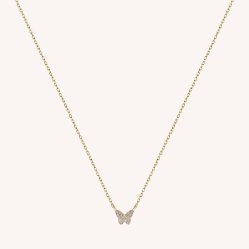 14K Solid Gold Mini Pavé Diamond Butterfly Necklace