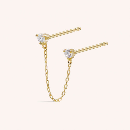 14K Solid Gold Double Baby Diamond Chain Stud Earring