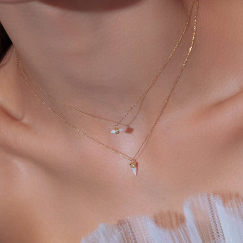 14K Solid Gold Opal Marquise Diamond Necklace