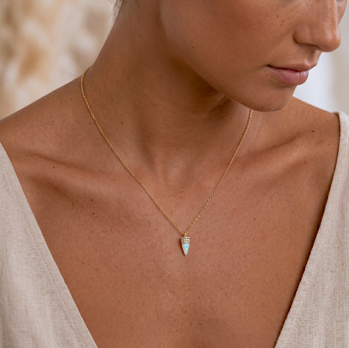 14K Solid Gold Opal Bullet Diamond Necklace