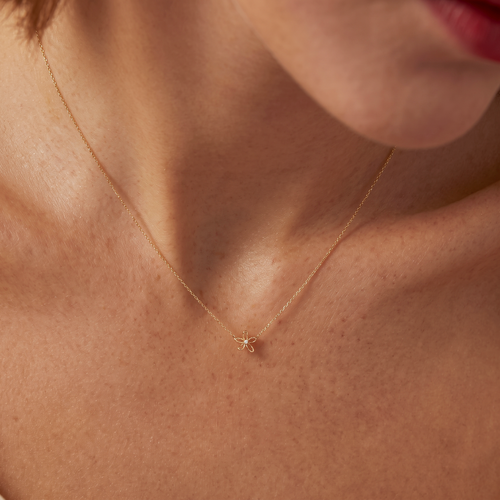 14K Solid Gold Floraison Halo Diamond Necklace