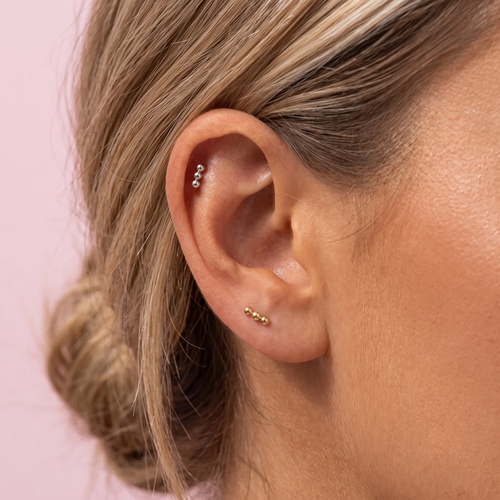 14K Solid Gold Mini Triple Bubble Bar Flatback Earring