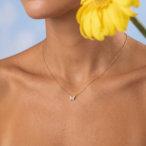 14K Solid Gold Mini Pavé Diamond Butterfly Necklace
