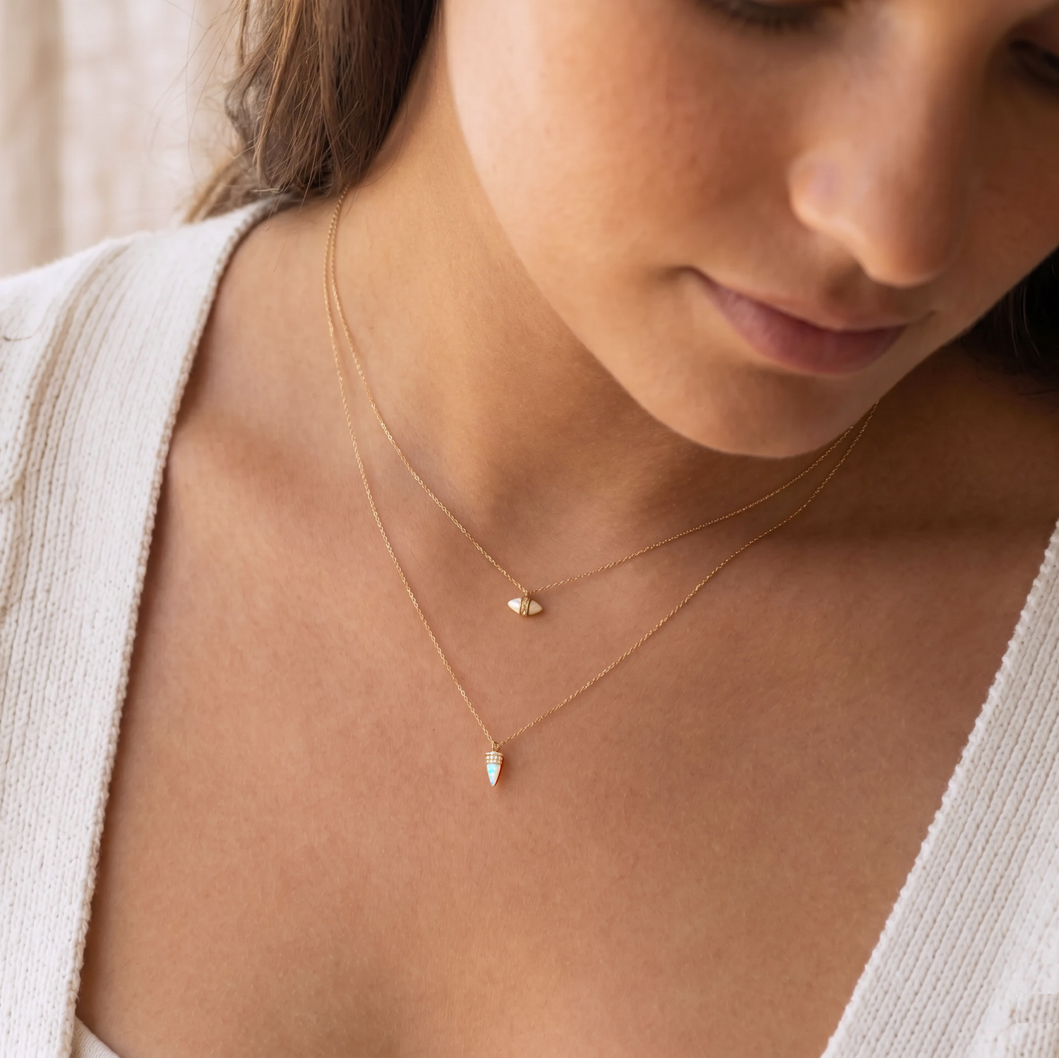 14K Solid Gold Opal Bullet Diamond Necklace