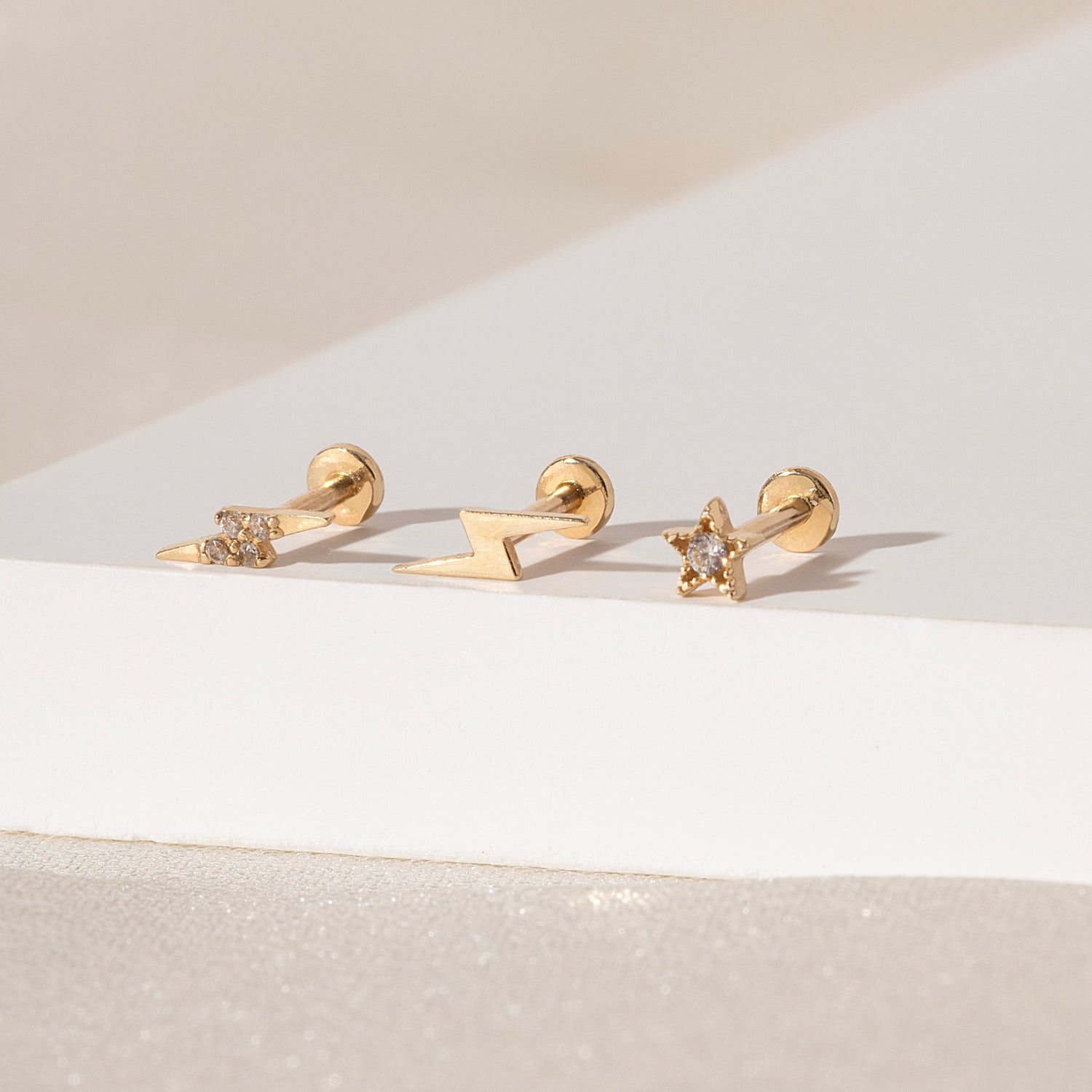 14K Solid Gold Diamond Little Thunder Flatback Earrings