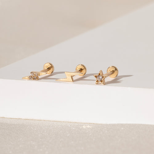 14K Solid Gold Diamond Little Thunder Flatback Earrings