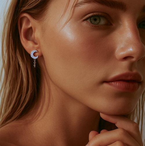 Pave Moon Chain Stud Earrings