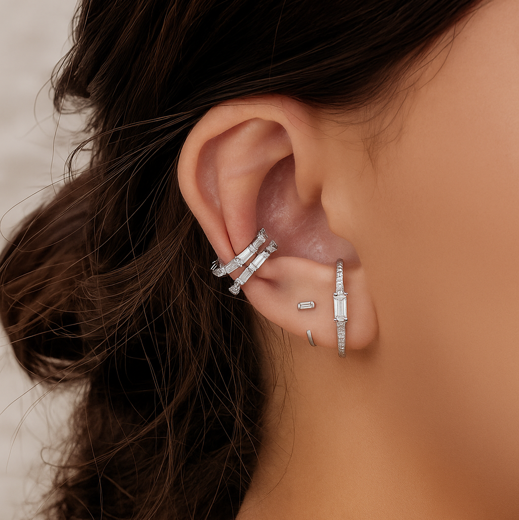 Baguette Solitaire Suspender Stud Earrings