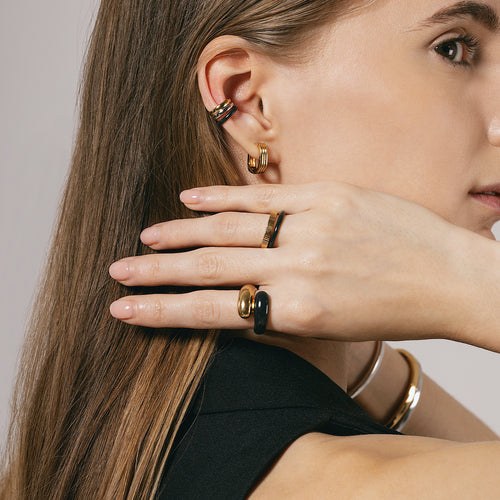 Twin Dome Black Enamel Ring