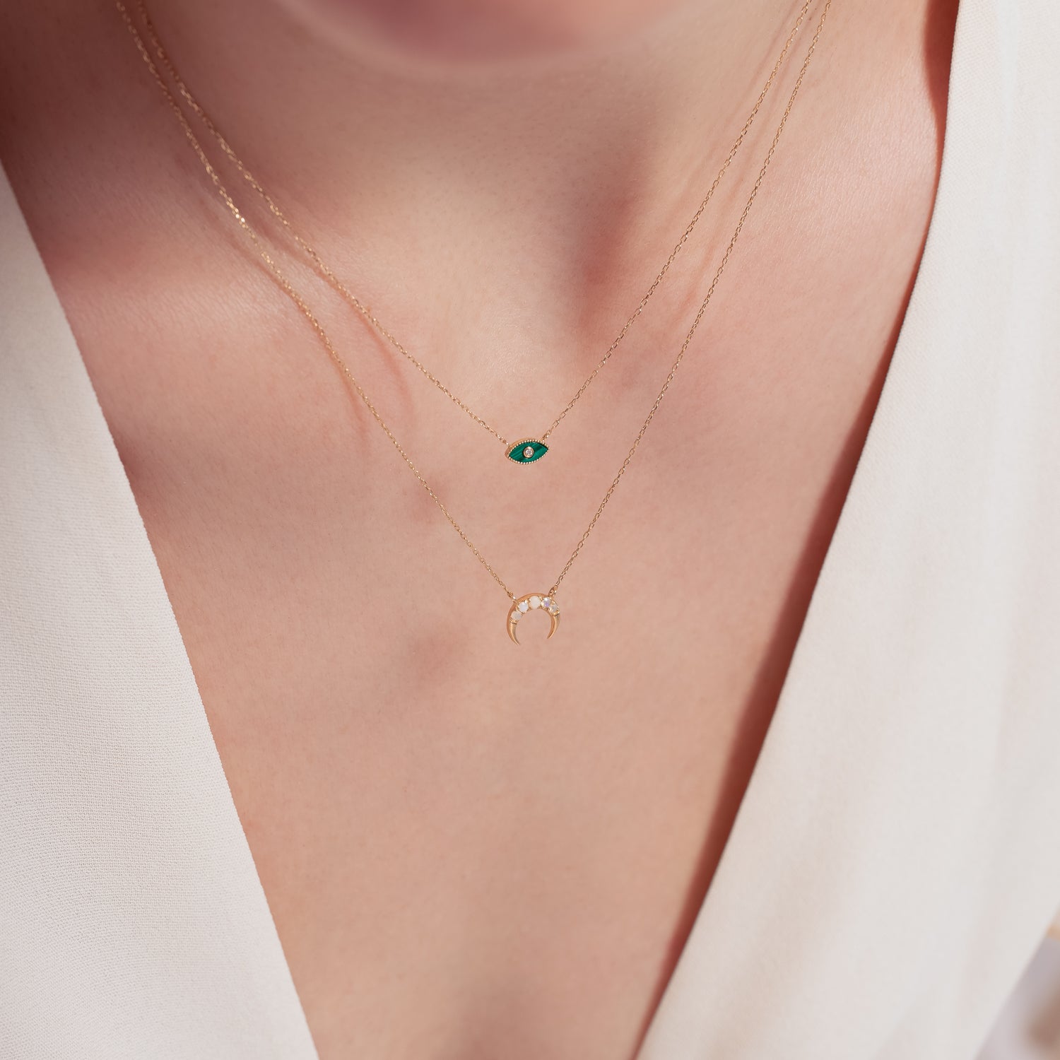 14K Solid Gold Opal Crescent Moon Necklace