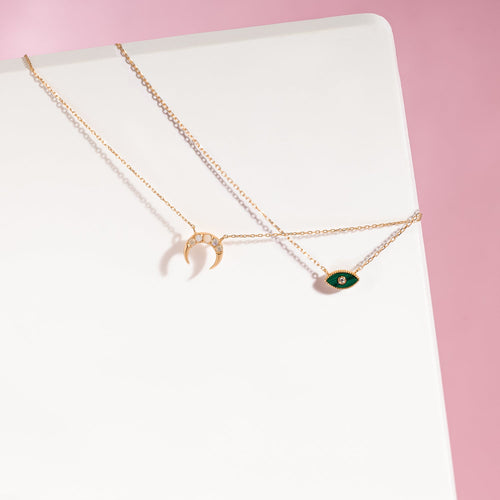 14K Solid Gold Opal Crescent Moon Necklace