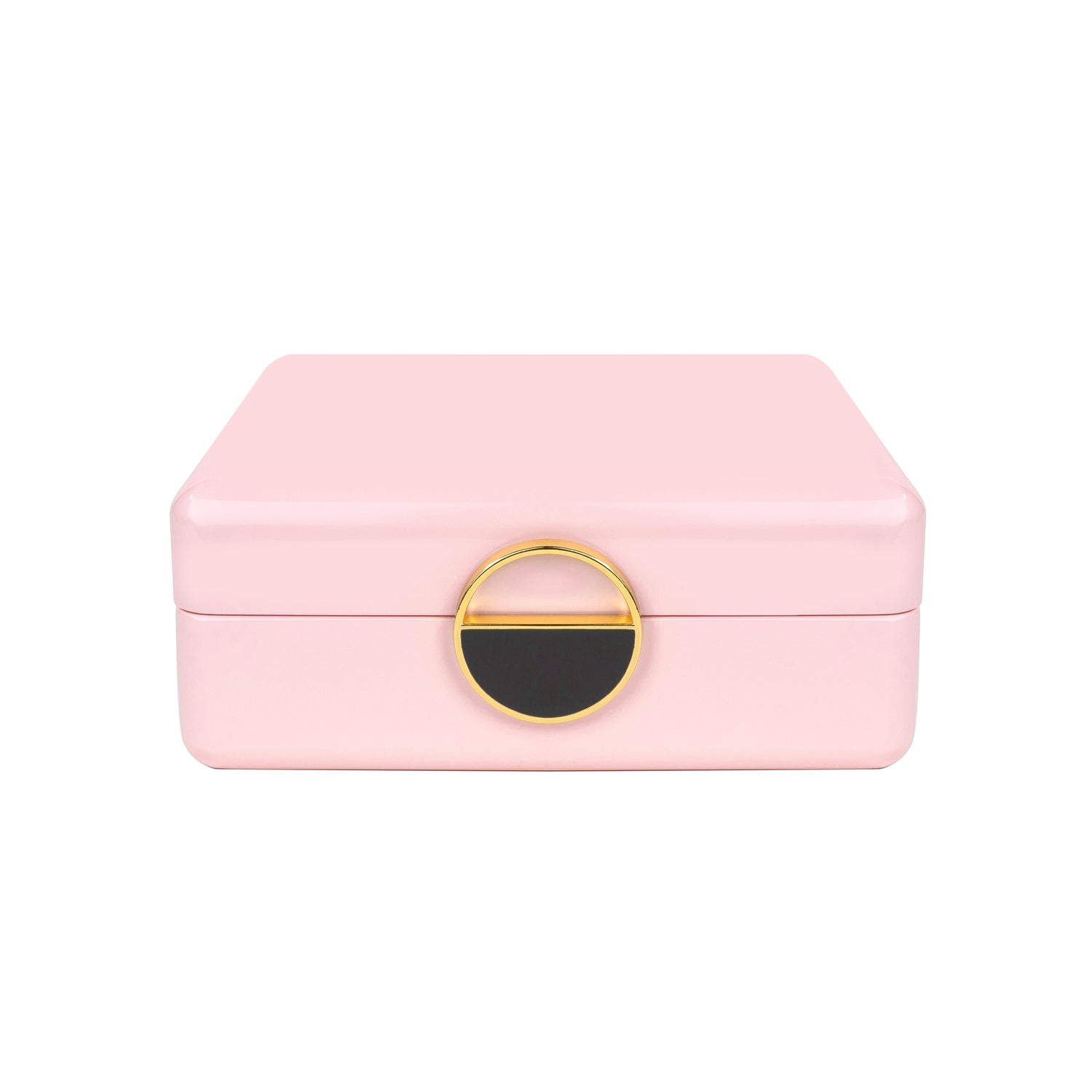 A pink wooden jewelry box with a gold clasp, closed and viewed from the front.