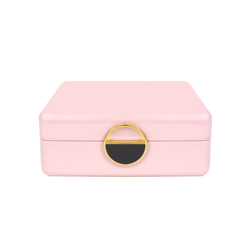 A pink wooden jewelry box with a gold clasp, closed and viewed from the front.