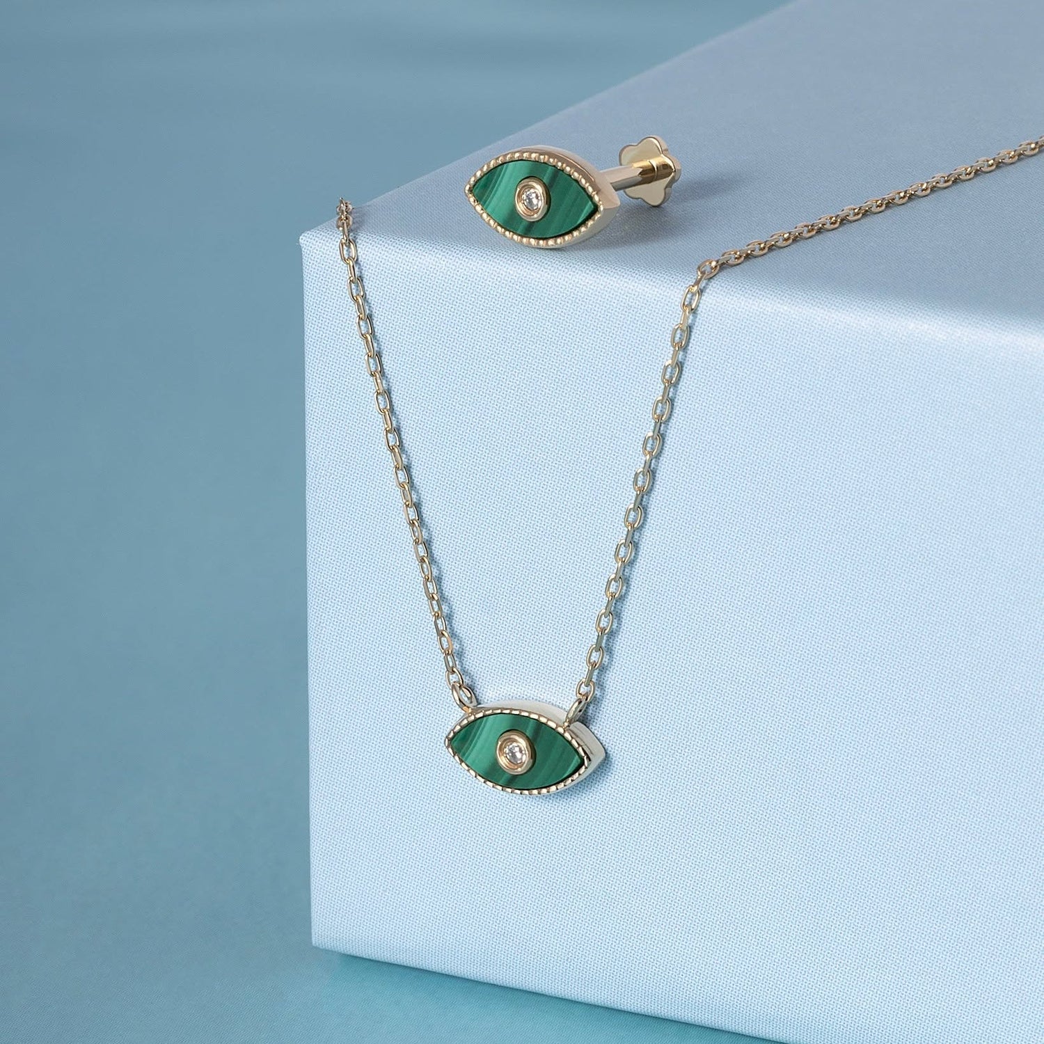 14K Solid Gold Diamond Tiny Malachite Evil Eye Necklace