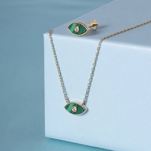 14K Solid Gold Diamond Tiny Malachite Evil Eye Necklace