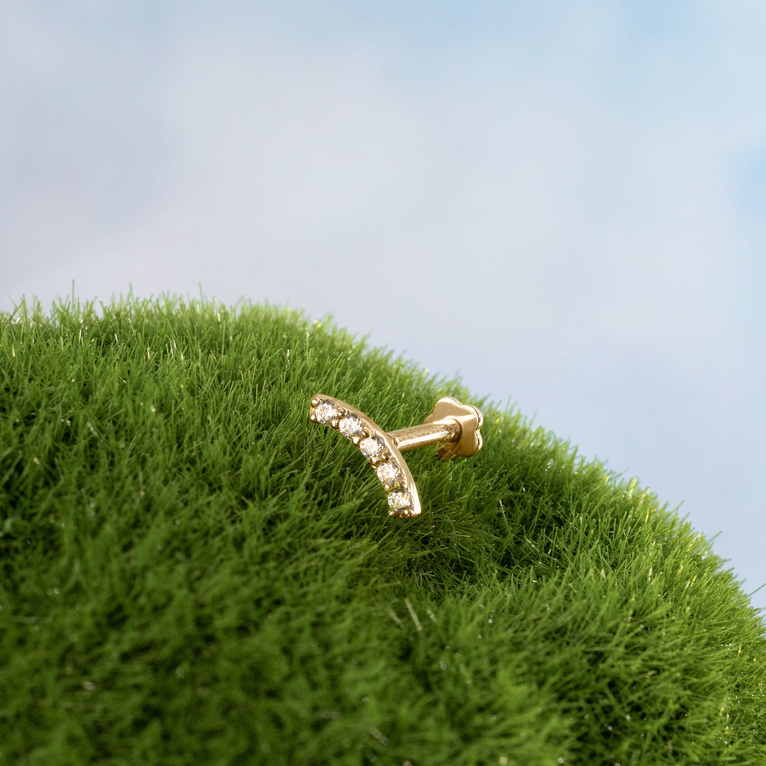 14K Solid Gold CZ Curve Flatback Earring