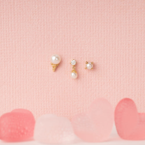 14K Solid Gold Freshwater Pearl Ice Cream Cone Flatback Earring