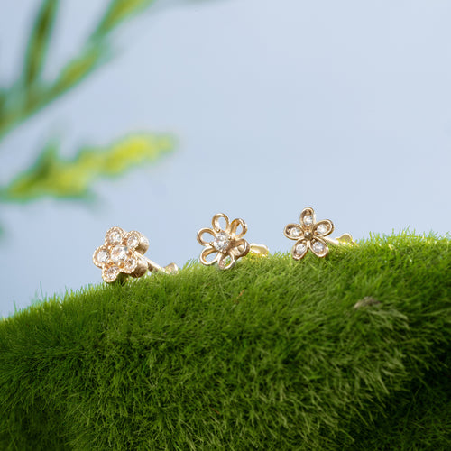 14K Solid Gold Plum Blossom Flower Flatback Earring