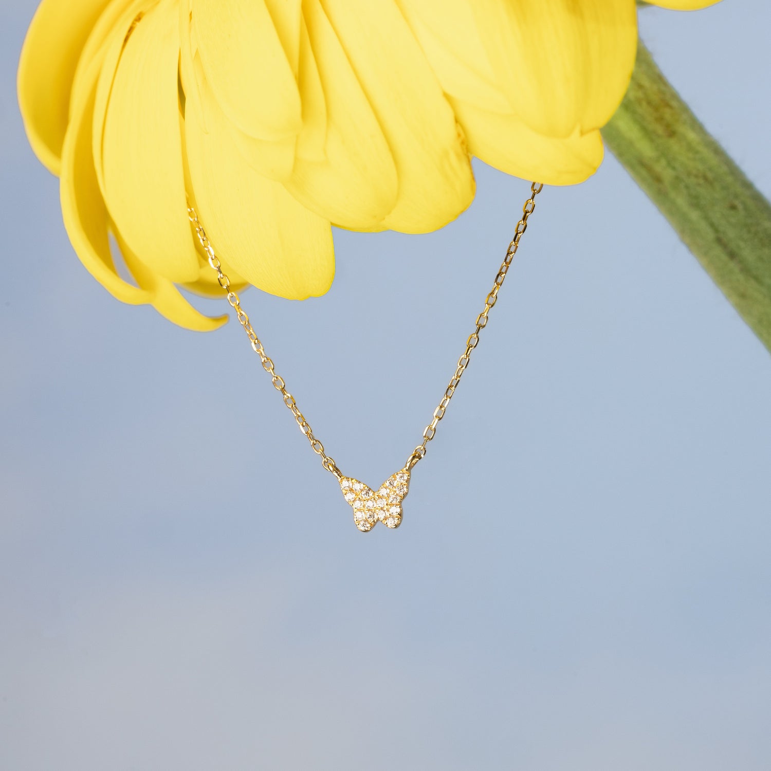 14K Solid Gold Mini Pavé Diamond Butterfly Necklace