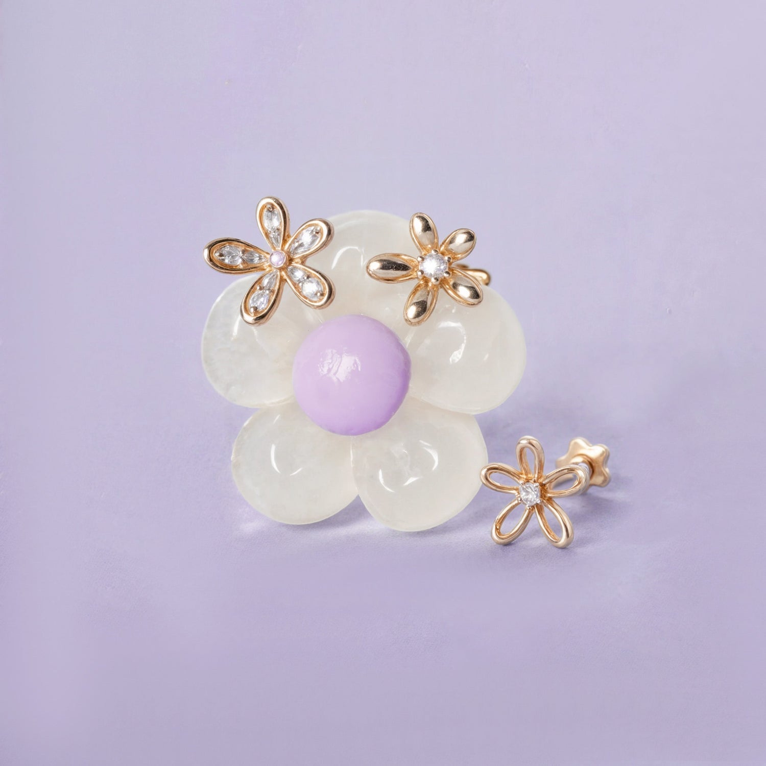 14K Solid Gold Floraison Pav√© Diamond Flatback Earring