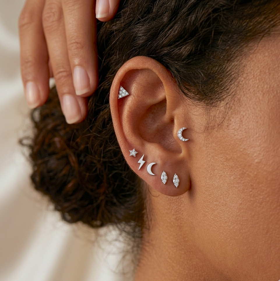 14K Solid Gold Thunderbolt Flatback Earring