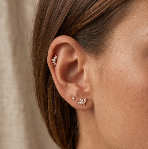 14K Solid Gold Marquise Trio Threaded Labret Earring