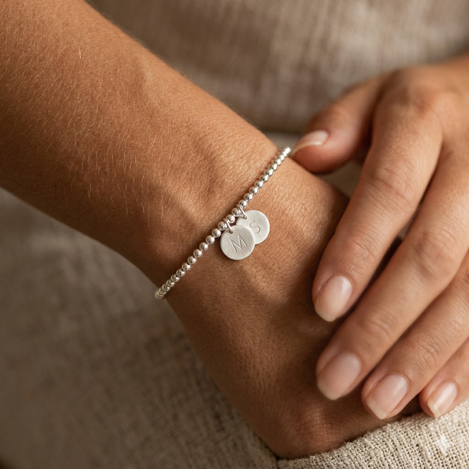 Personalized Disc Beaded Bracelet Silver