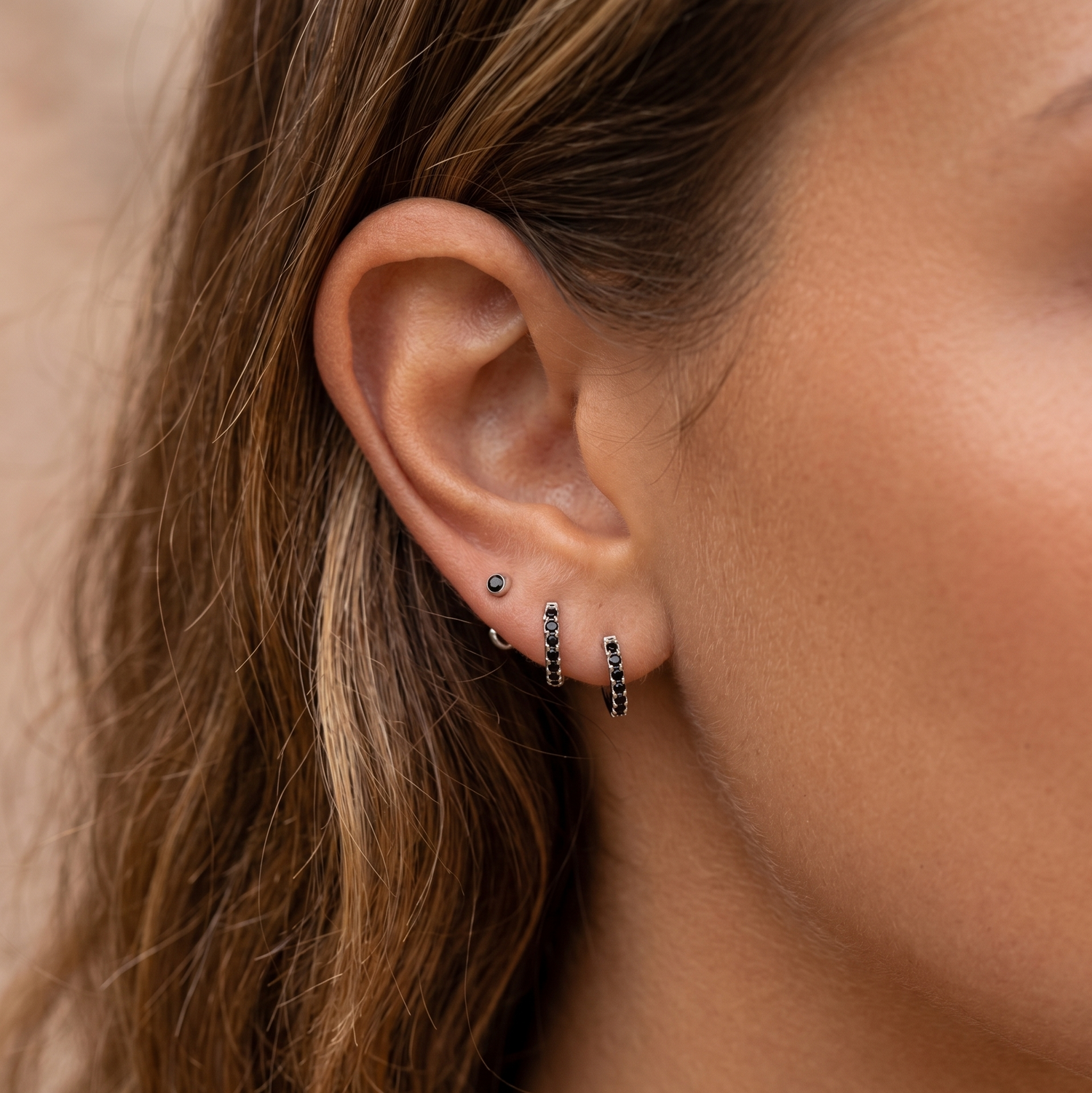 Mini Black Bezel Huggies Earrings
