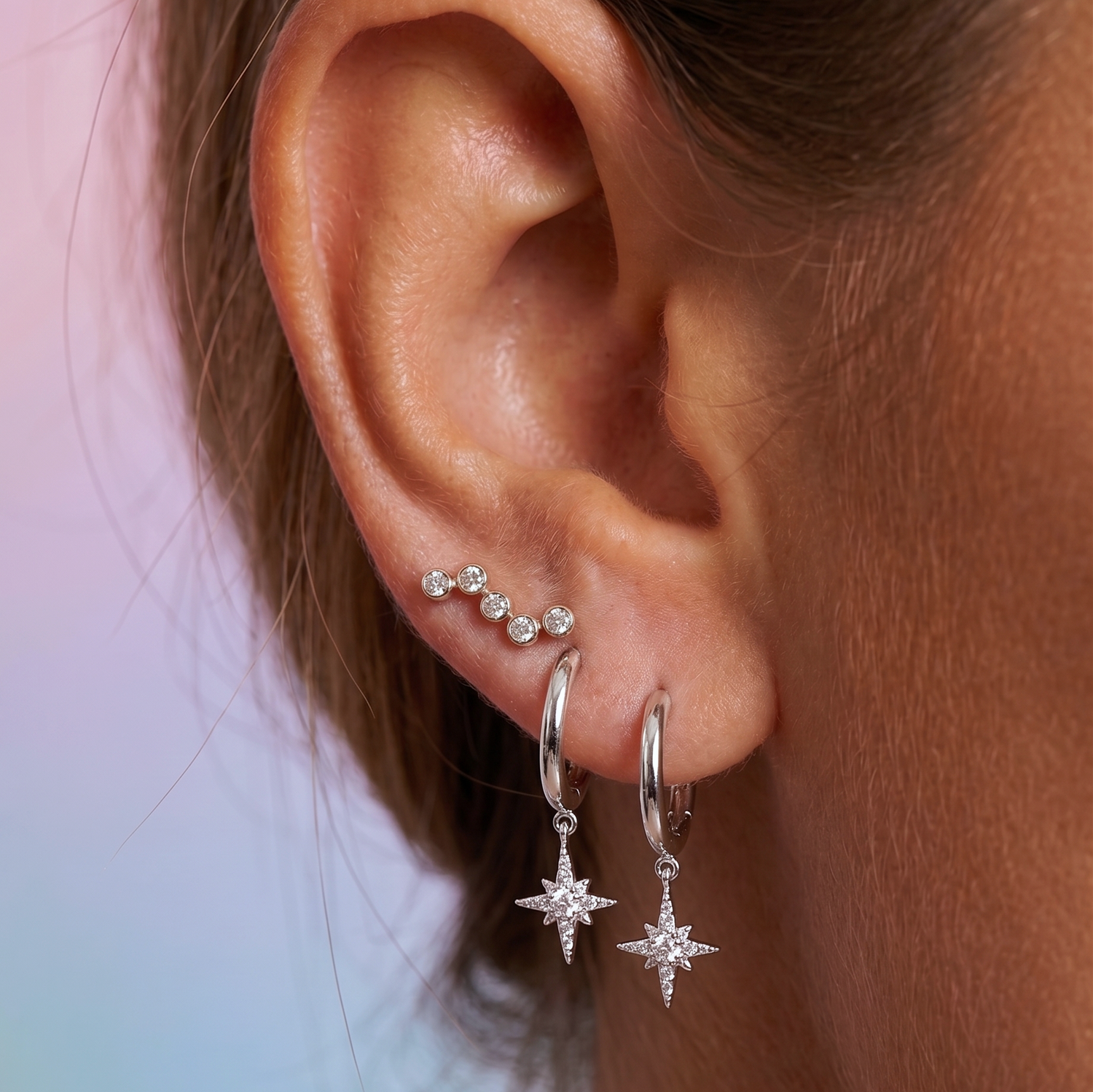 14K Solid Gold Interstellar Diamond Hoop Earrings