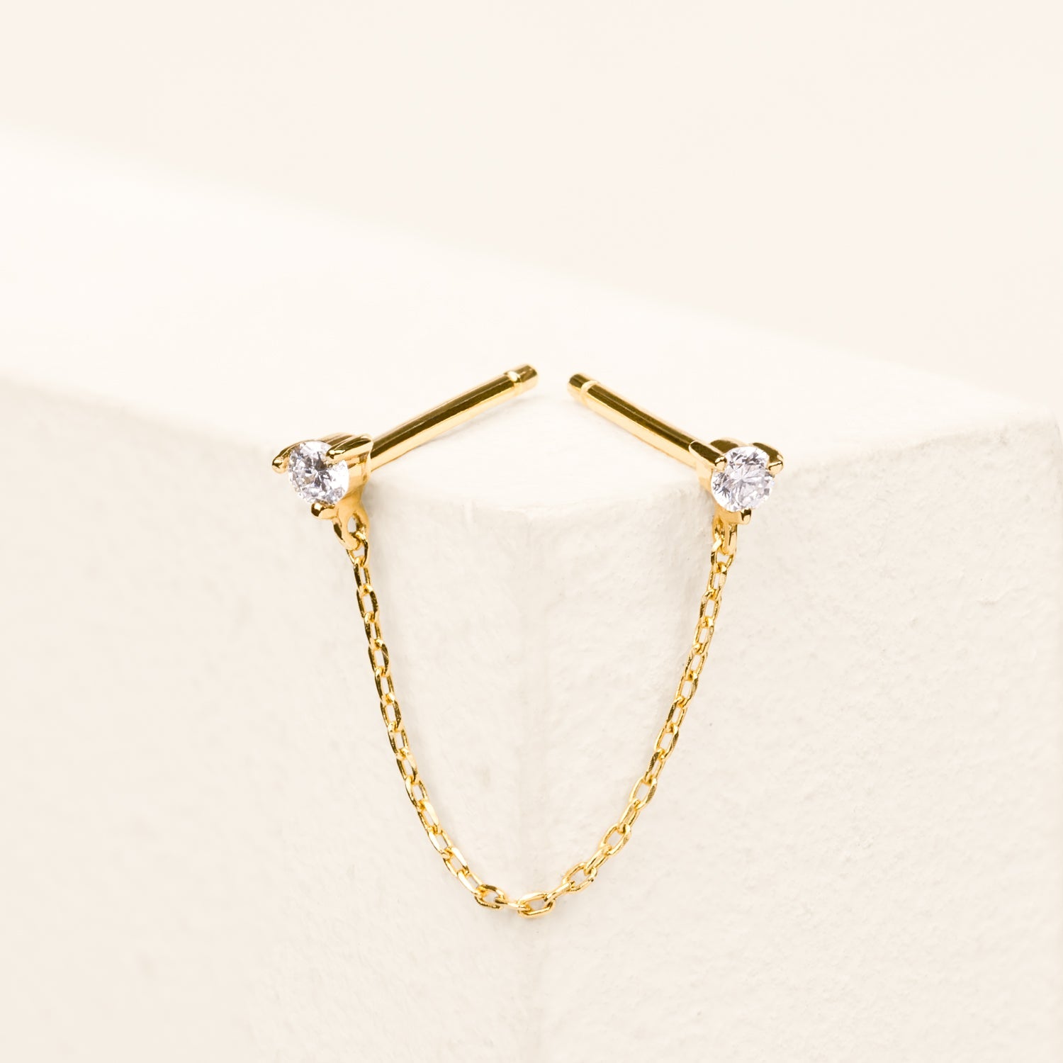 14K Solid Gold Double Baby Diamond Chain Stud Earring