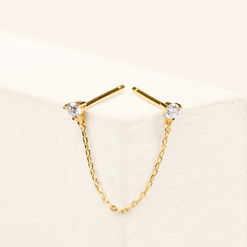 14K Solid Gold Double Baby Diamond Chain Stud Earring