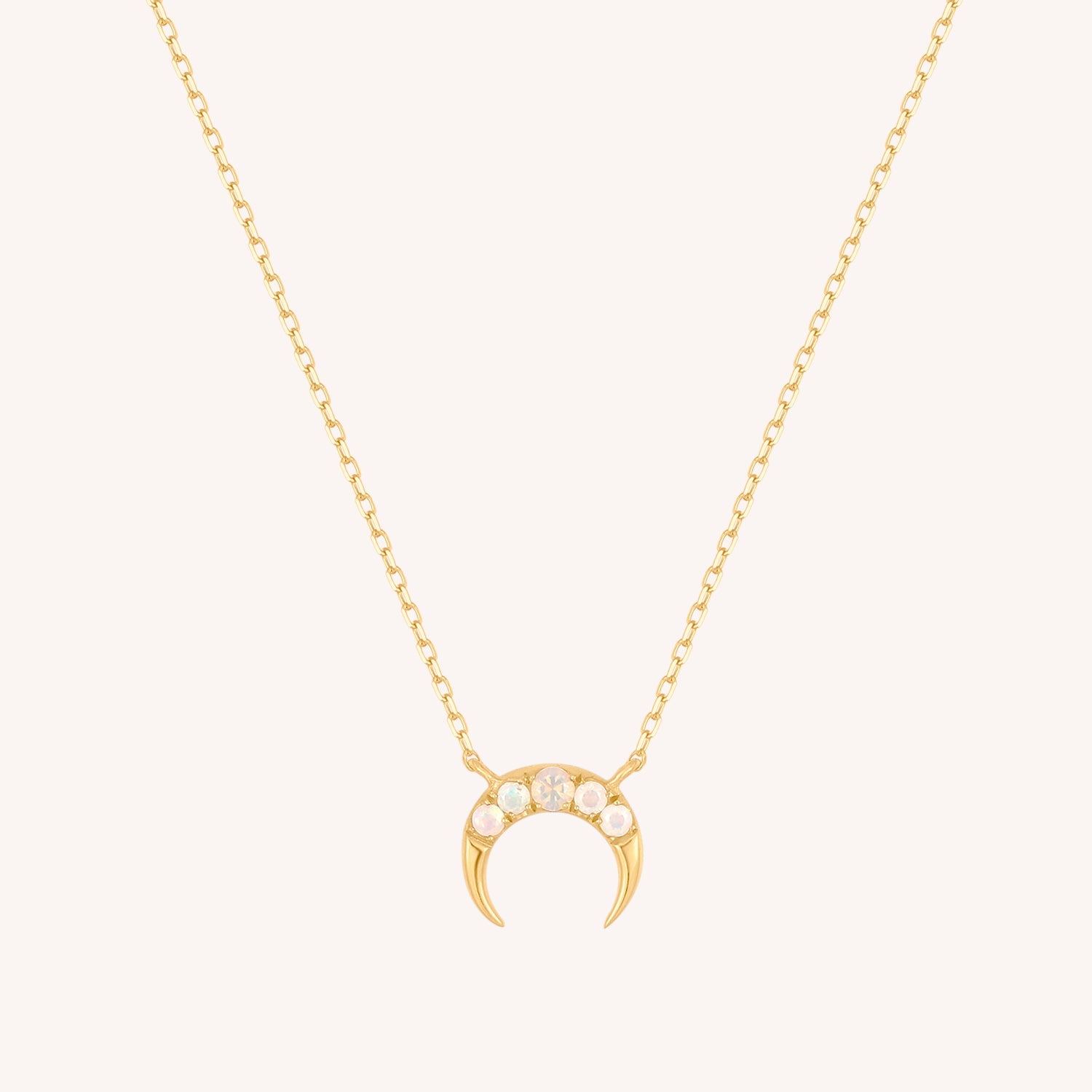 14K Solid Gold Opal Crescent Moon Necklace