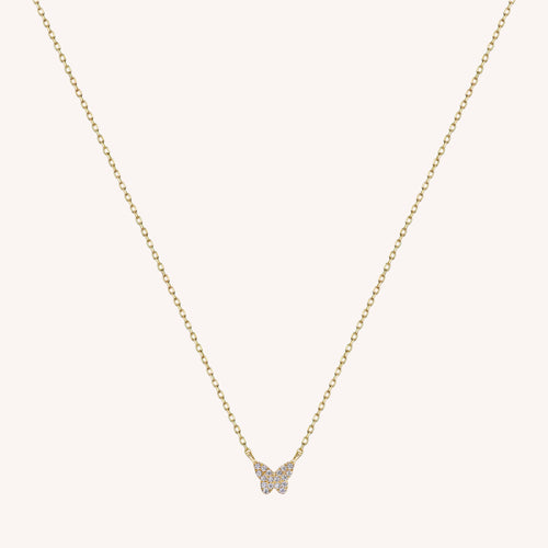 14K Solid Gold Mini Pavé Diamond Butterfly Necklace