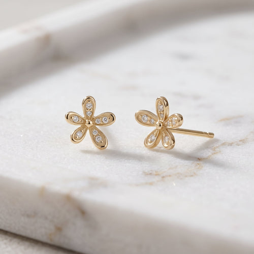 14K Solid Gold Floraison Pavé Diamond Stud Earrings
