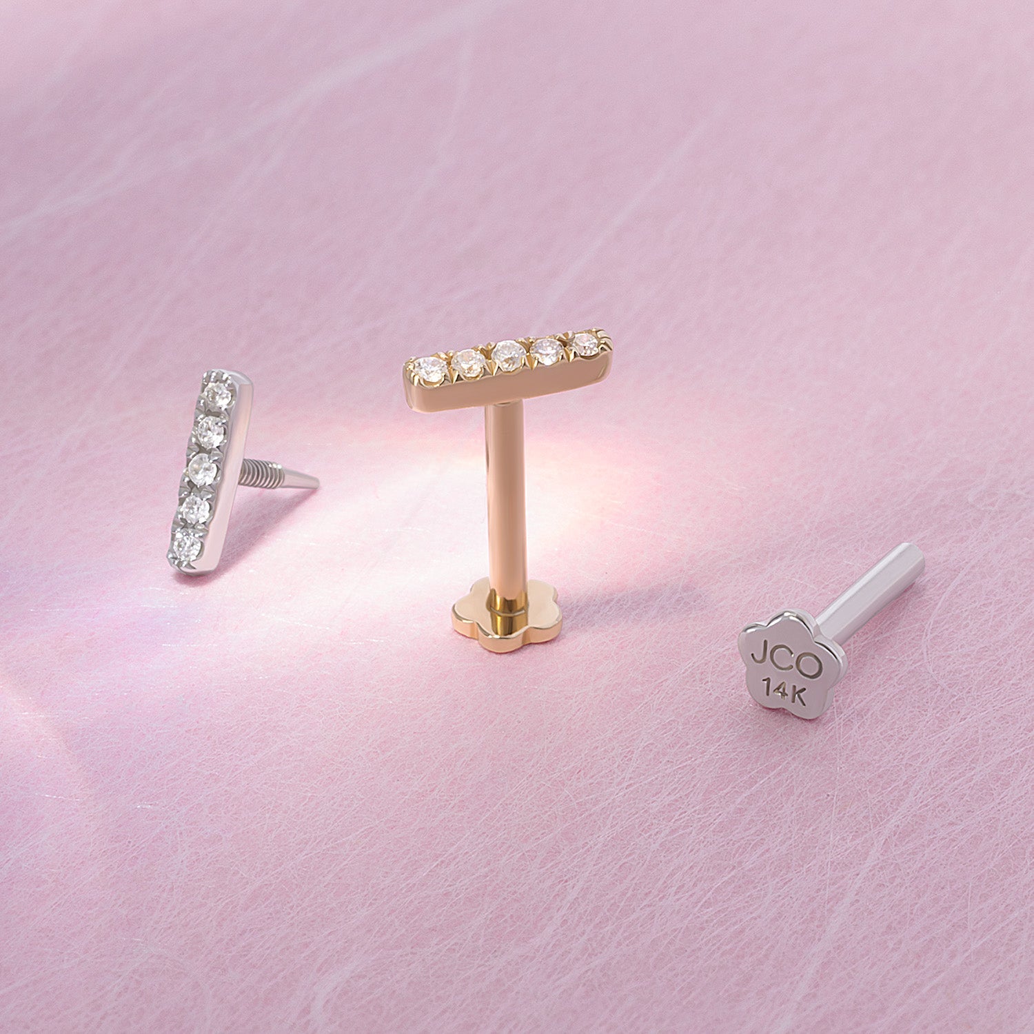 14K Solid Gold Mini Jewel Bar Threaded Labret Earring