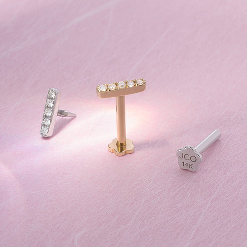 14K Solid Gold Mini Jewel Bar Threaded Labret Earring