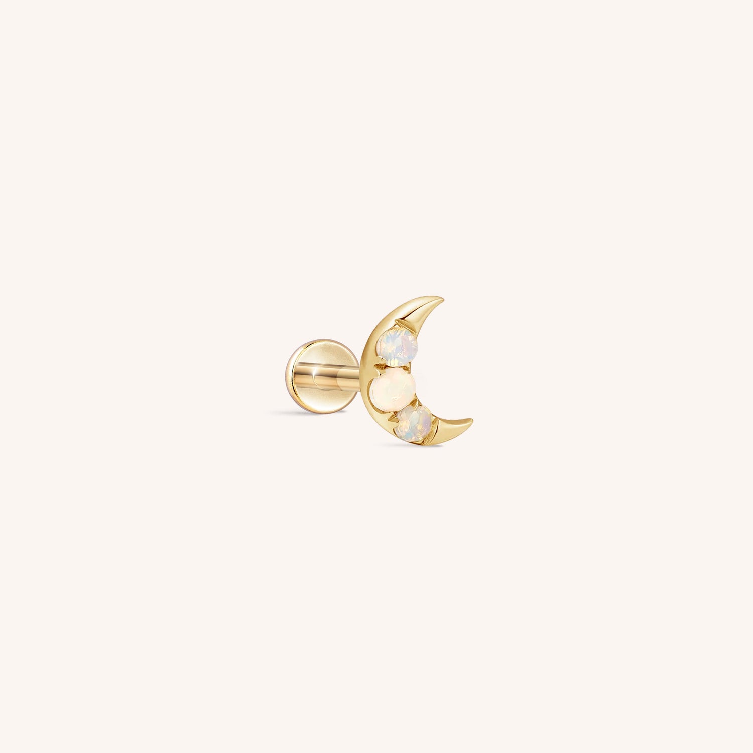 14K Solid Gold Opal Crescent Moon Flatback Earring