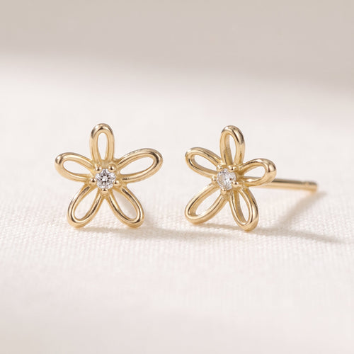 14K Solid Gold Floraison Halo Diamond Stud Earrings