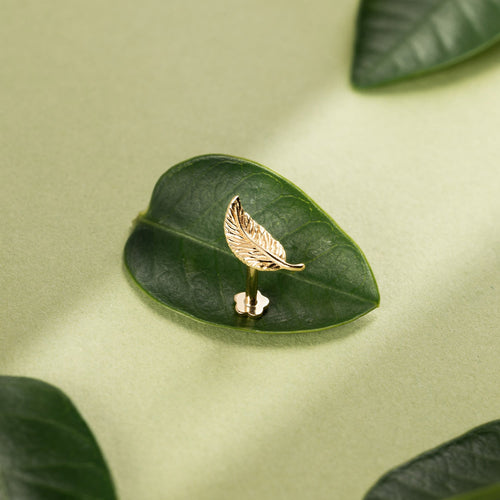 14K Solid Gold Single Leaf Flat Back Earring