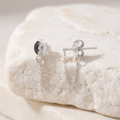 14K Solid White Gold Wrap Chain Stud Earrings